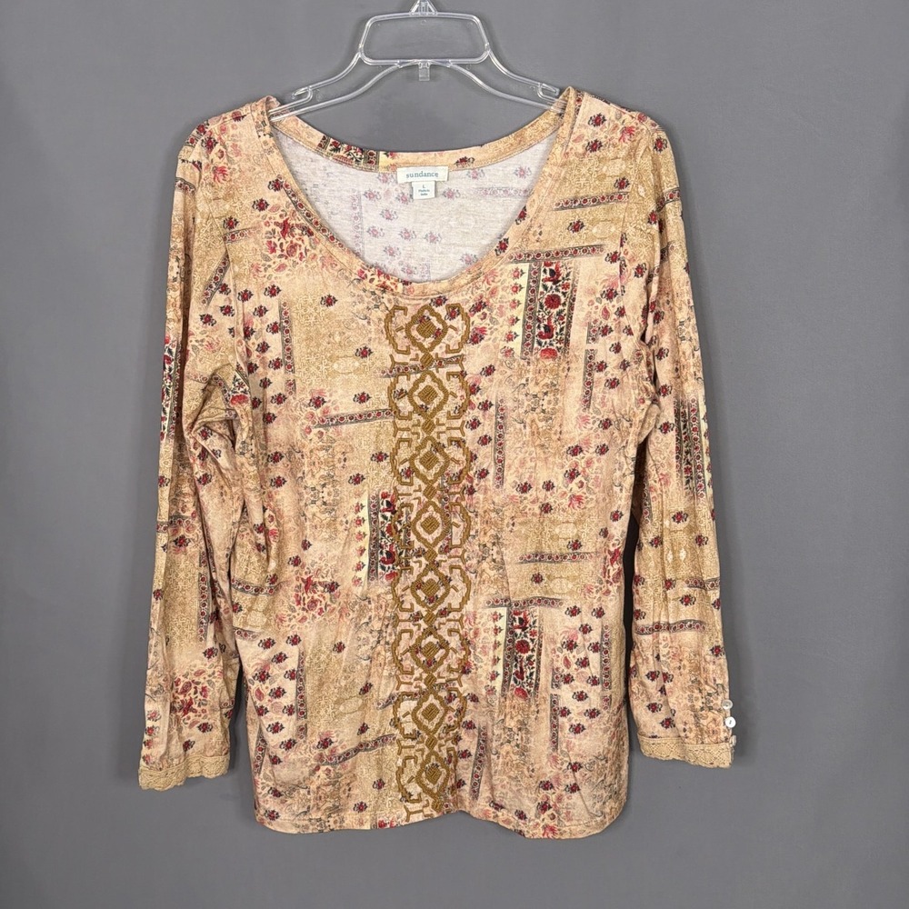 Sundance Top‎ Womens Large Tan Long Sleeve Boho Floral Stretch Tee Lace Trim